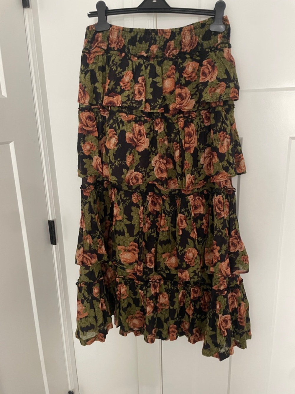 Free People Black Floral Smocked Waist Skirt with Olive & Rust Blooms